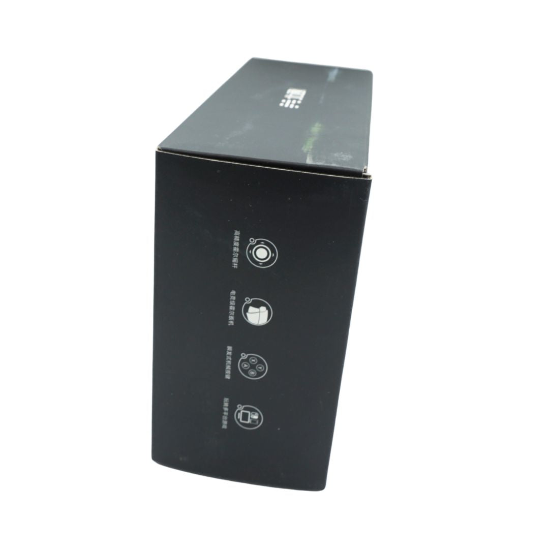 A black rectangular product box shown at an angle on a plain white background, with small white icons and text printed on the side.