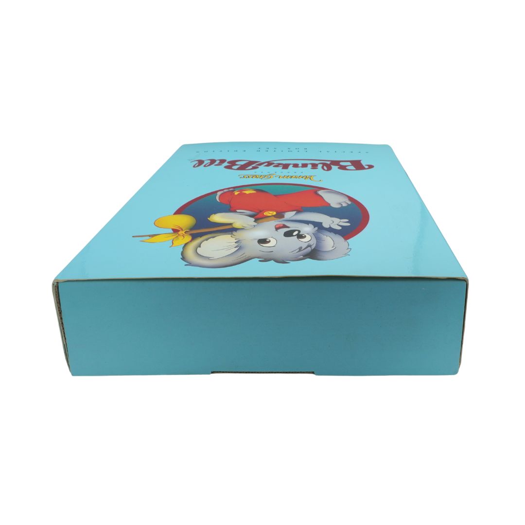 Blue box with cartoon character on a white background