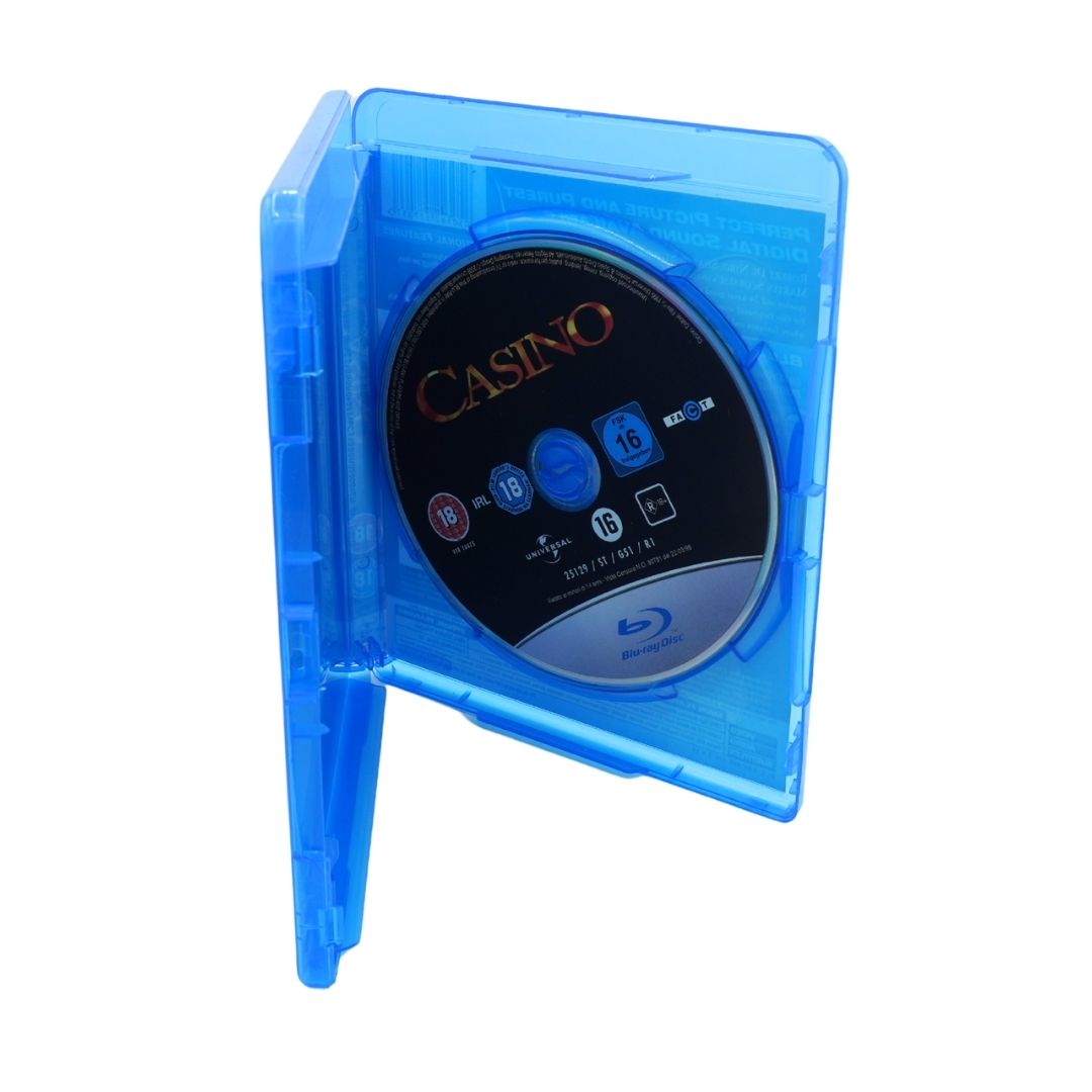 A translucent blue Blu-ray case shown open with a Blu-ray disc inside, photographed on a plain white background.
