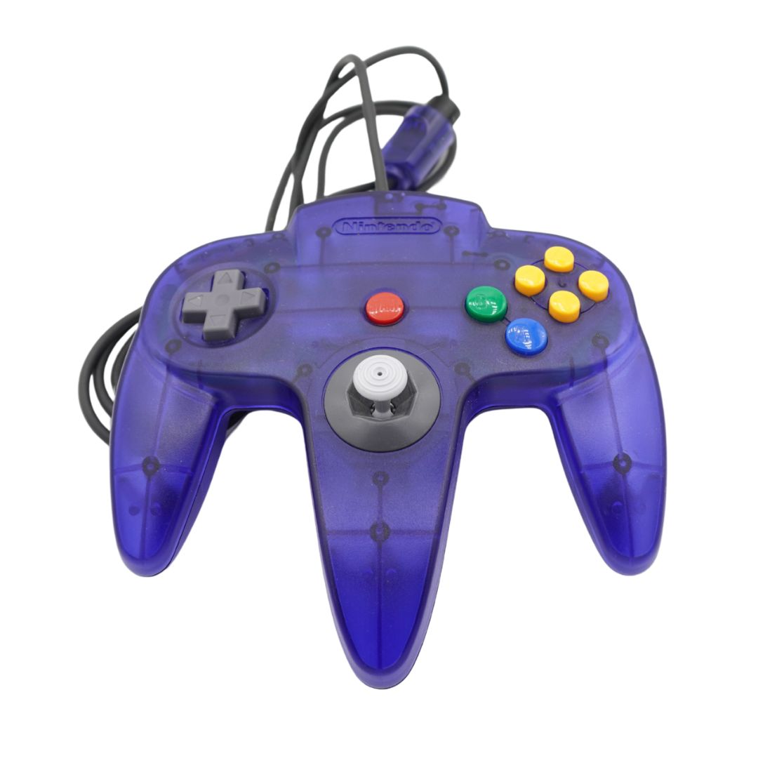 A translucent purple Nintendo 64 controller with its attached black cable, shown against a plain white background.