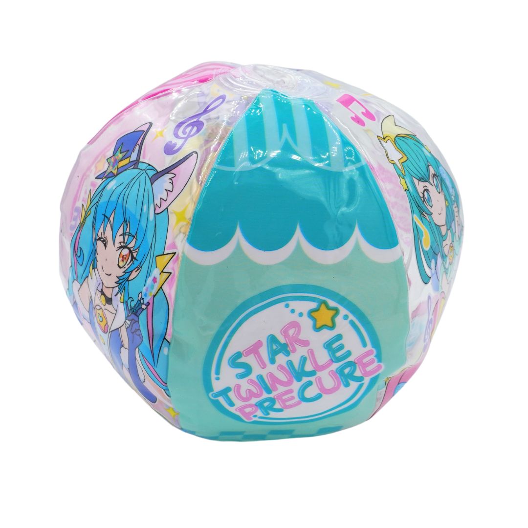 A pink, blue and yellow beach ball with Star Twinkle Precure branding.