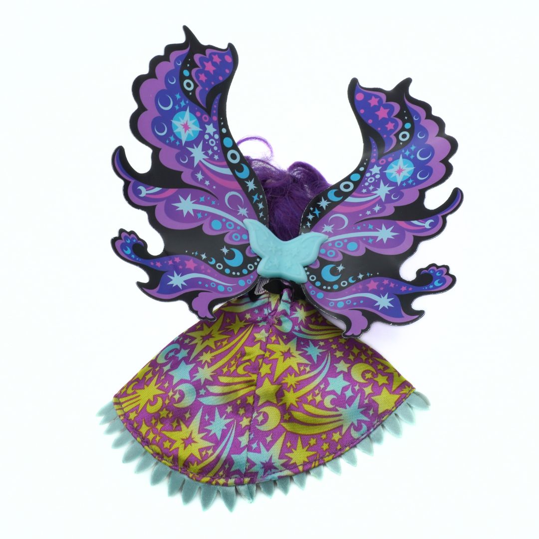 Colorful butterfly-shaped toy with star and moon patterns on a white background