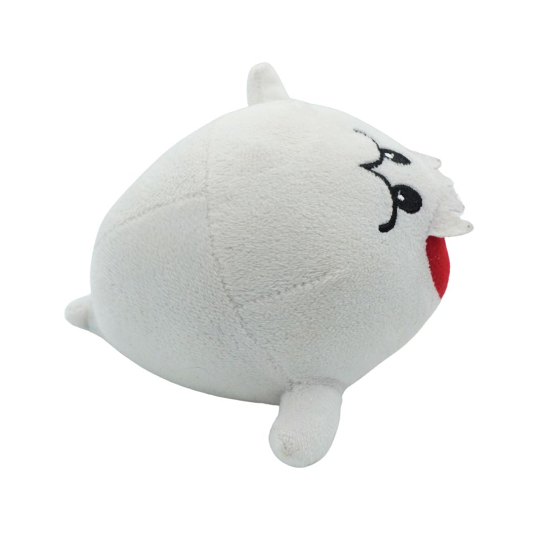 A white plush toy shaped like a round, sleeping character with embroidered black eyes, a small red mouth, and white horns, shown on a plain white background.