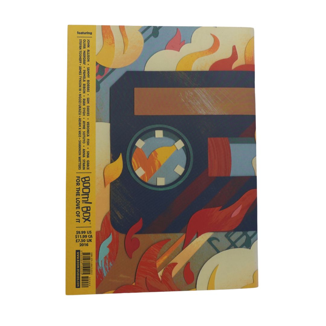 A square art print titled 'Ignition Box' featuring an abstract, colorful illustration with a dark blue central shape, red and orange flame-like forms, and cream background elements. The left side includes a yellow vertical band with text and barcode details.
