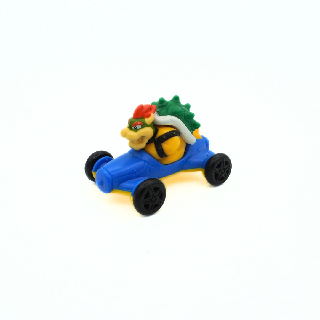 Toy figure of a character with a blue car body on a white background
