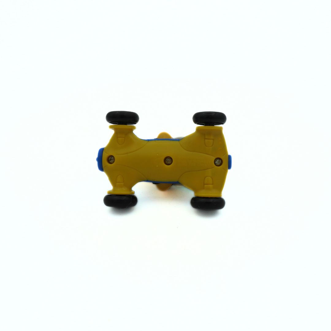 Yellow toy car with black wheels on a white background