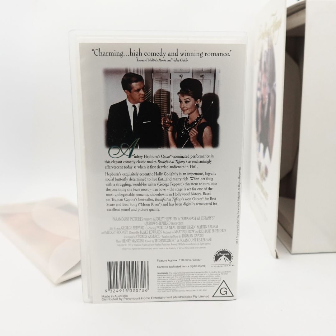 Back of the clamshell case of the Breakfast at Tiffanys VHS