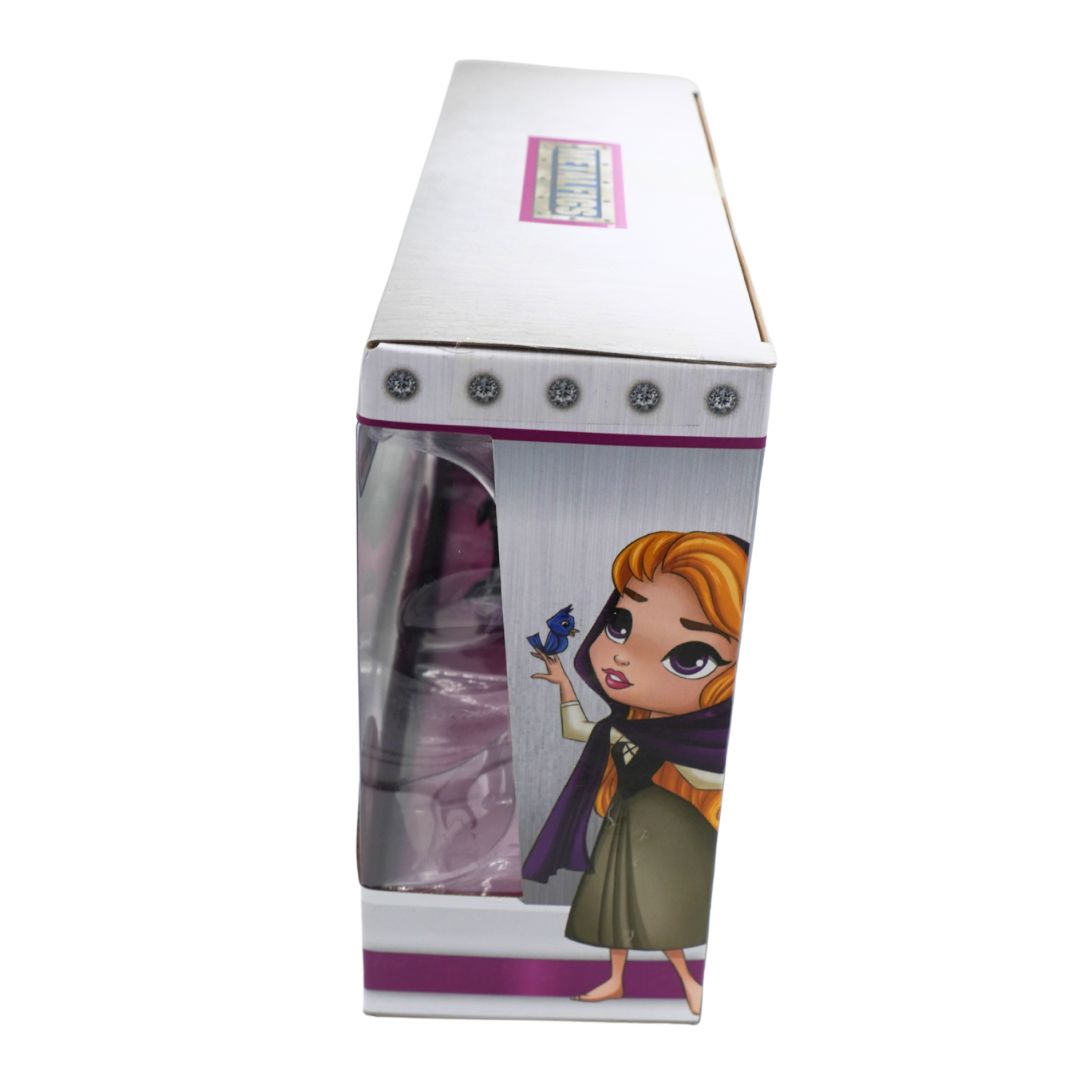A boxed toy doll shown in its retail packaging, with a clear side window revealing a purple-haired doll inside and printed character artwork on the front.