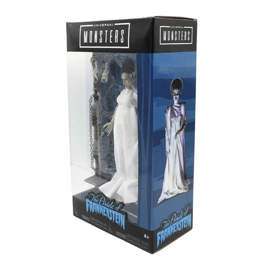 Universal Monsters The Bride of Frankenstein action figure in its original window box packaging, featuring a white gown figure and blue illustrated box design.
