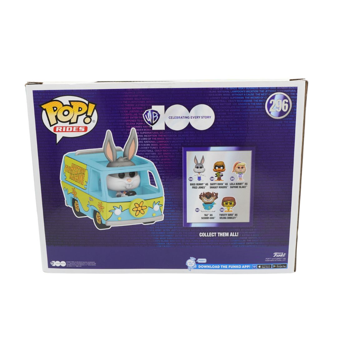 Funko Pop! Movies 296 Celebrating Every Story box featuring the Looney Tunes Rabbit in a light blue and yellow van, shown on a white background.