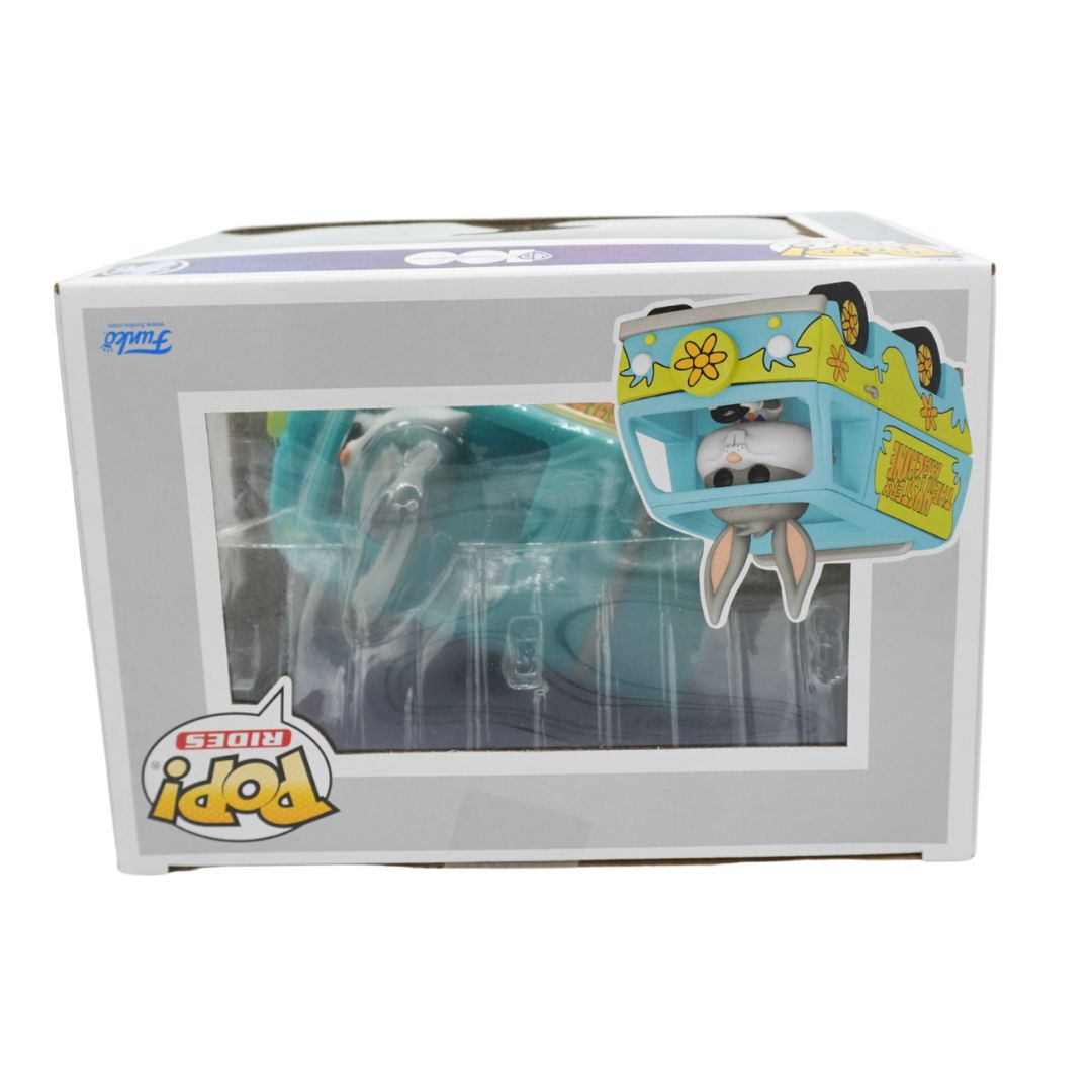 Funko Pop! Mystery Machine vinyl figure in its original packaging, featuring a light blue and yellow van with a rabbit character and a teal creature inside.