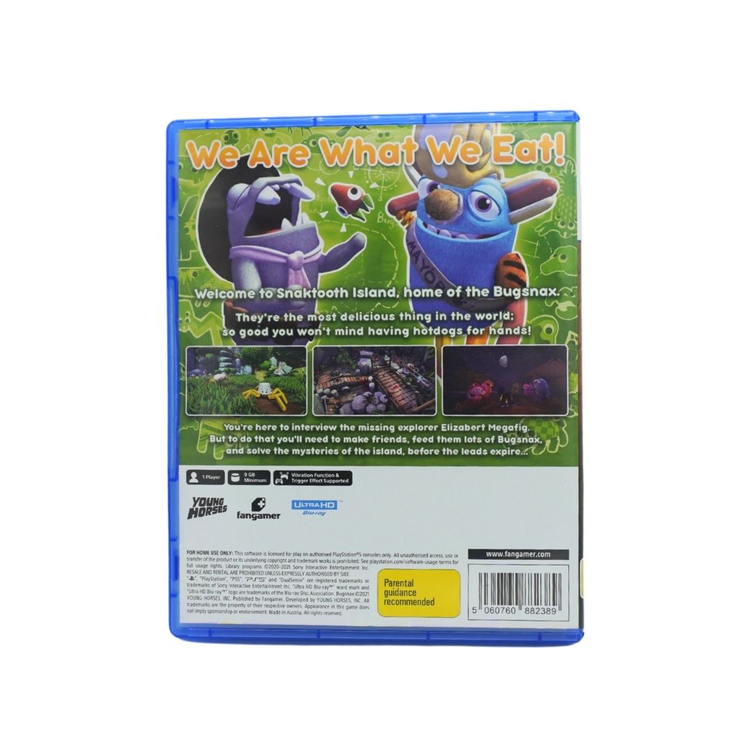 Back cover of the video game 'We Are What We Eat!' for the Playstation, featuring colorful artwork of the Buggsnax characters and game details on a white background.