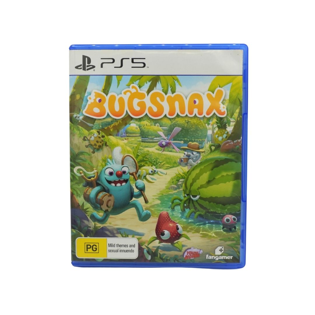 PS5 game case for the game Bugsnax, featuring colorful cartoon artwork of a blue bug character in a lush green jungle, with PS5 branding at the top.