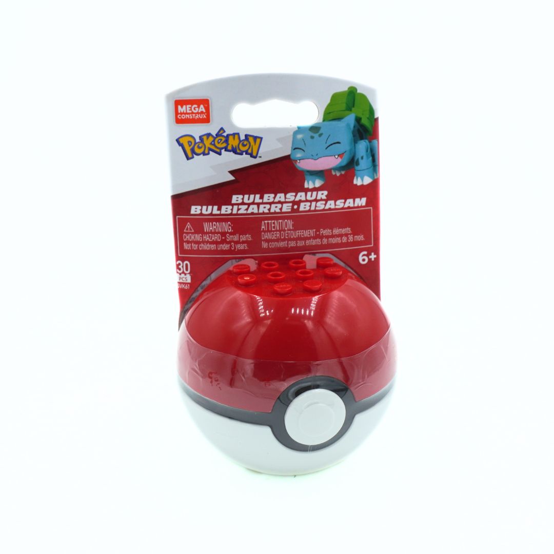 Mega Construx toy packaging for the Bulbasaur building block ball, featuring a red and white ball design with a black center band and a blue Bulbasaur character illustration on the card.