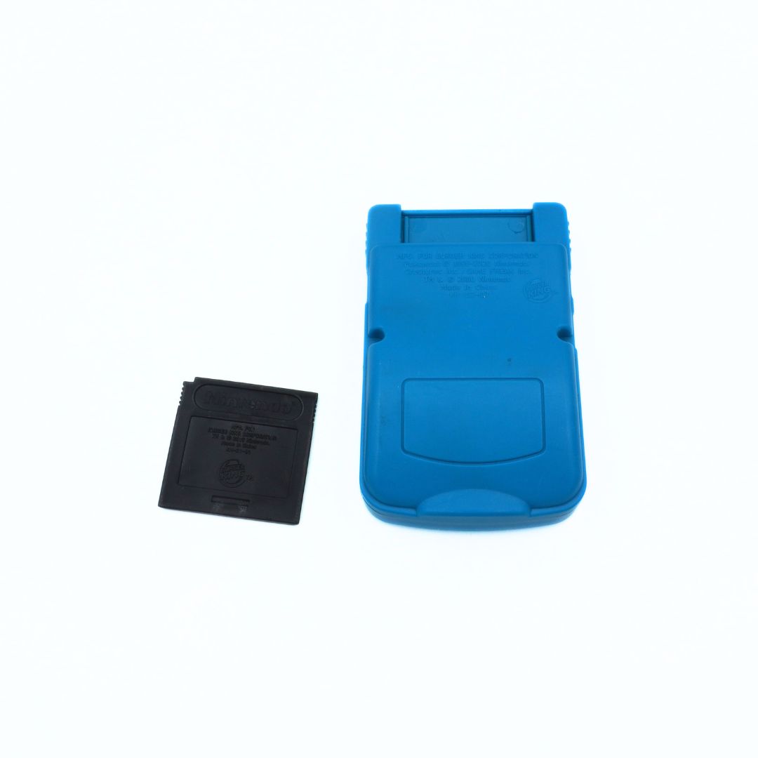 Blue Game Boy Color toy with a game cartridge on a white background