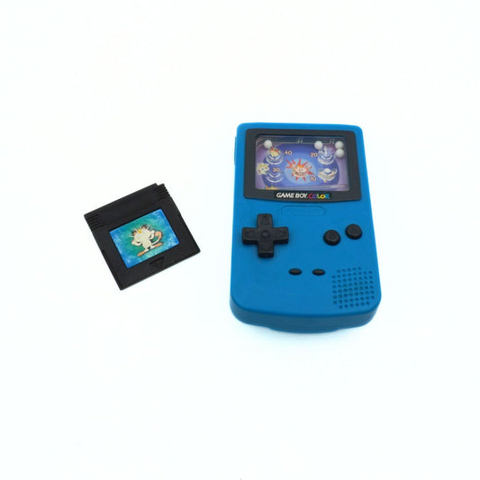 Blue Game Boy Color toy with a game cartridge on a white background