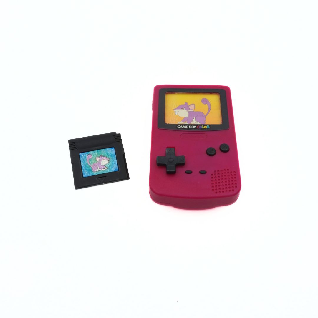 Pink handheld gaming console with screen displaying a game, on a white background