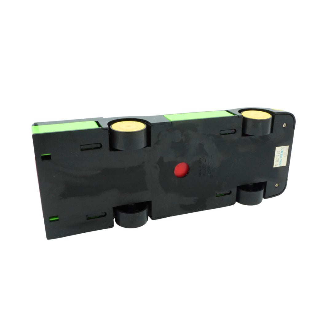Black electronic device with green accents and a red button on a white background