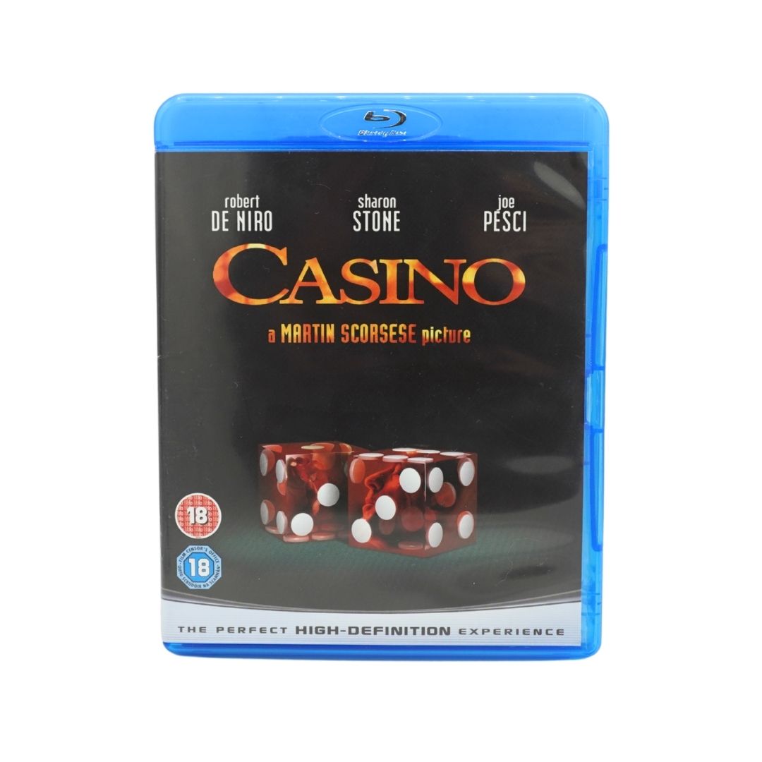 Casino Blu-ray movie case featuring a black cover with red dice and the title in gold lettering, set against a plain white background.