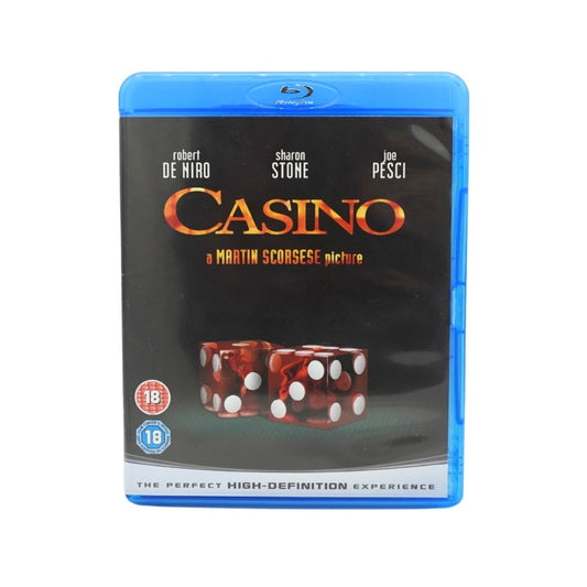 Casino Blu-ray movie case featuring a black cover with red dice and the title in gold lettering, set against a plain white background.