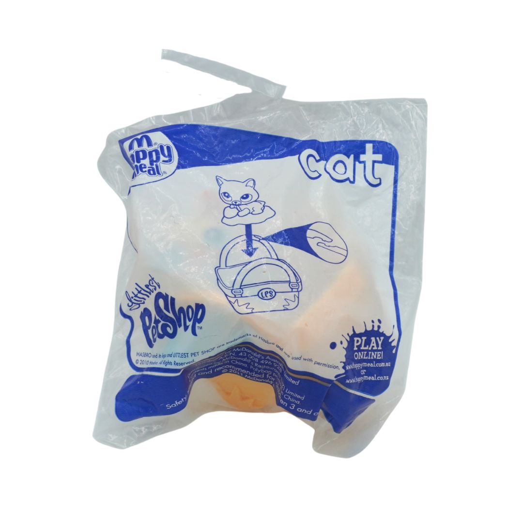 Littlest Pet Shop cat toy released by McDonalds in blue and white packaging