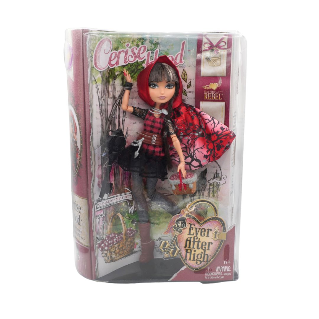 Doll in a red hood and checkered outfit with packaging featuring 'Cerise' and 'Ever After High' branding.