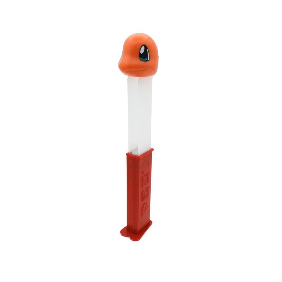 Photo of a Charmander Pez dispenser with a red body and an orange head, fully extended