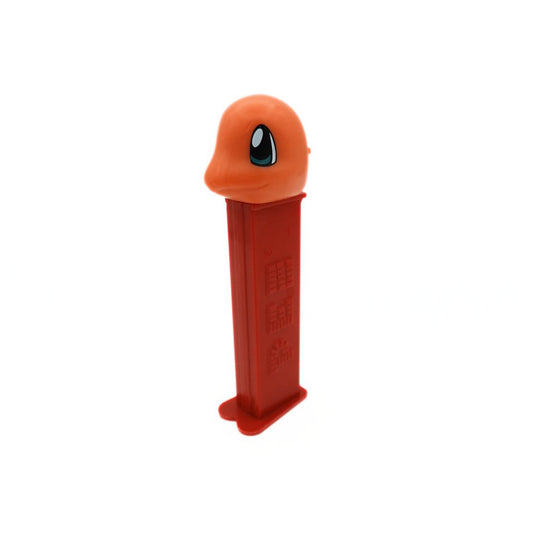 Angled photo of a Charmander Pez dispenser with a red body and an orange head