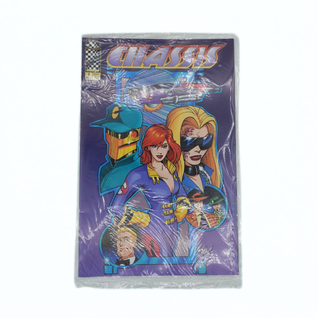 Comic book titled 'Chassis' with colorful characters on a purple background