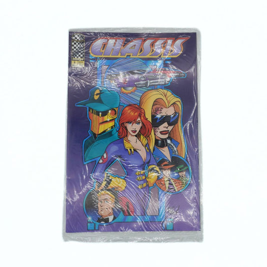 Comic book titled 'Chassis' with colorful characters on a purple background