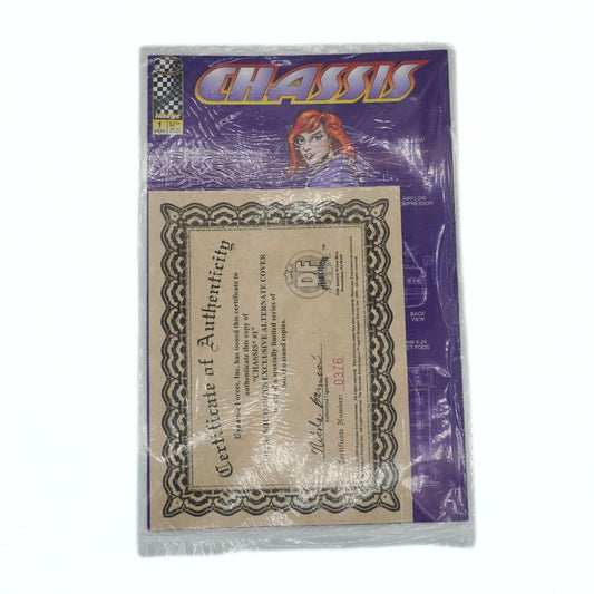 Product packaging with a certificate of authenticity and 'Chassis' branding on a white background