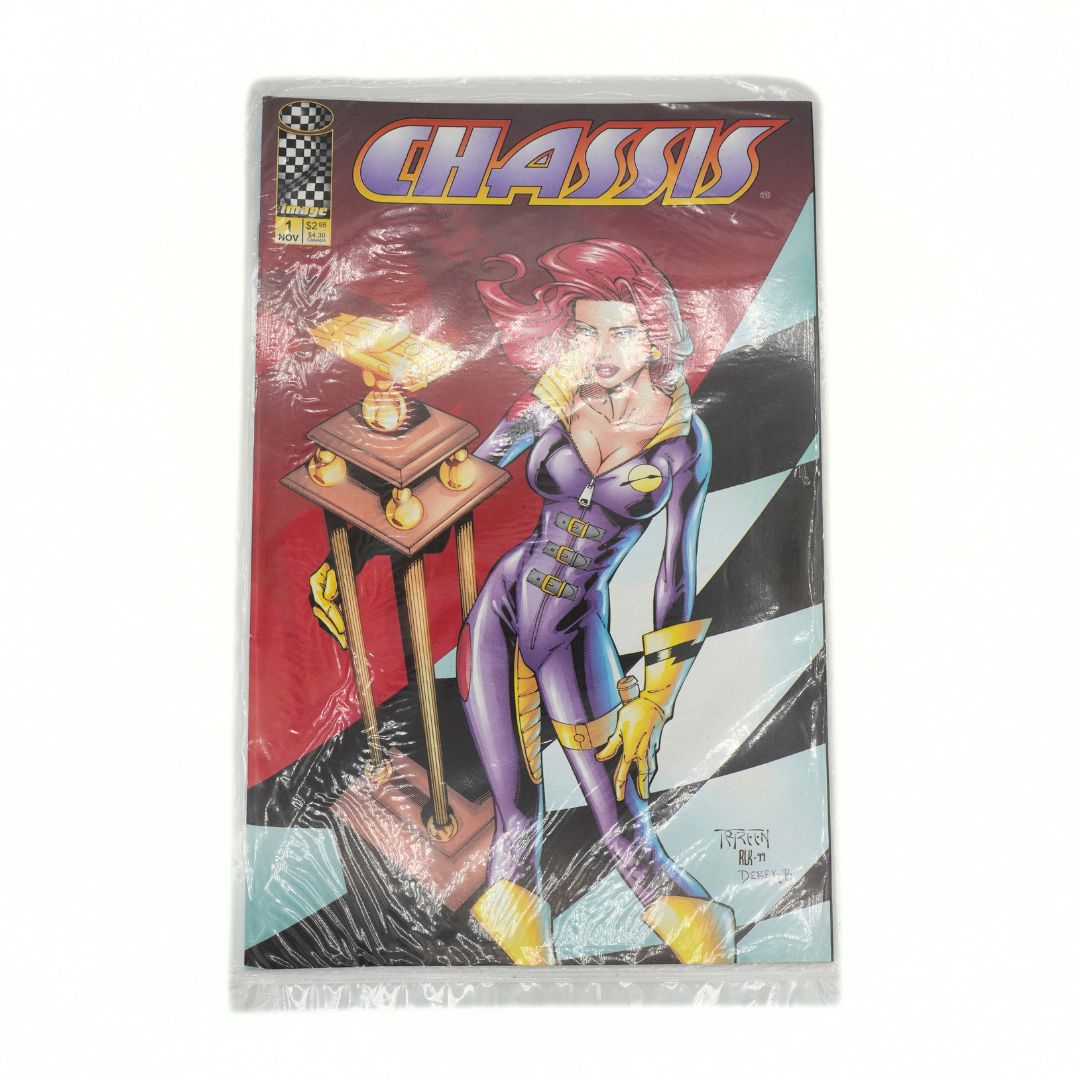 Comic book cover featuring a character in a purple outfit with a golden object on a stand.