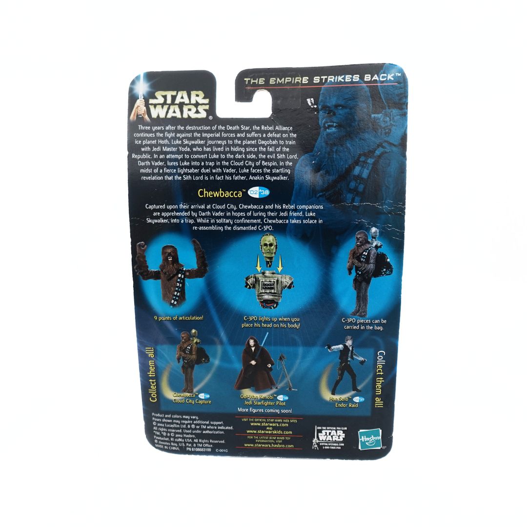 Photo of the cardback on the Chewbacca Cloud City Capture figure set with a blue and black colour palette