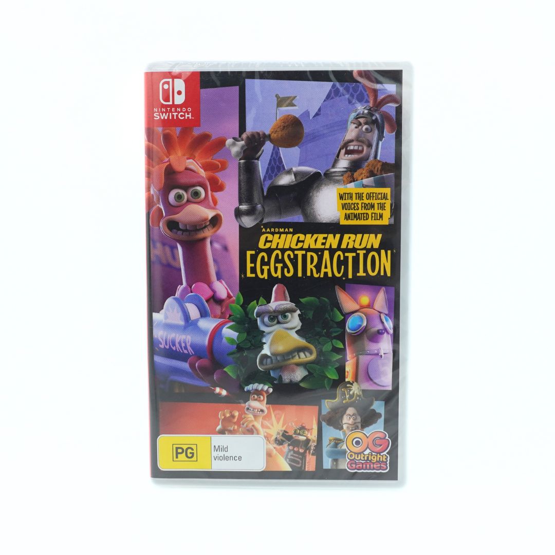 Front cover of a Switch game called Chicken Run Eggstraction with a multi-colour design