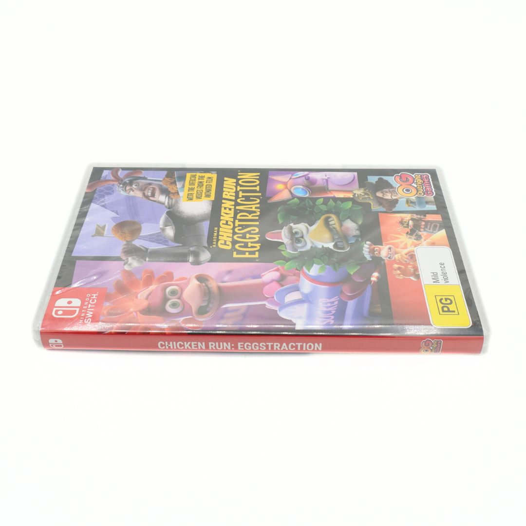 Front cover of a Switch game called Chicken Run Eggstraction with a multi-colour design