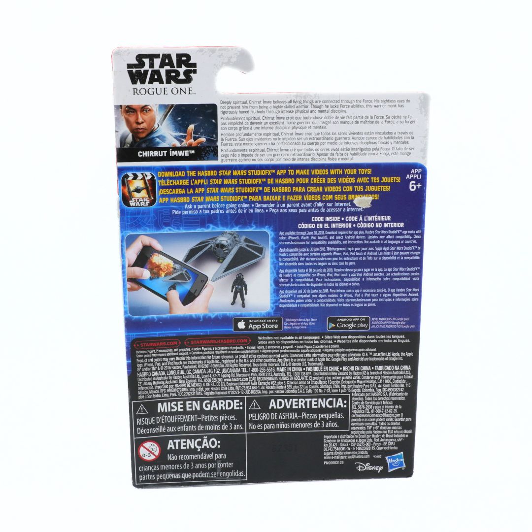 Star Wars Rogue One action figure packaging with character image and app information on a white background