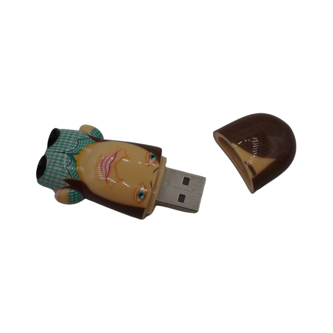 A novelty USB flash drive shaped like a cartoon character's face, with the USB connector exposed and a separate brown cap placed beside it, on a plain white background.