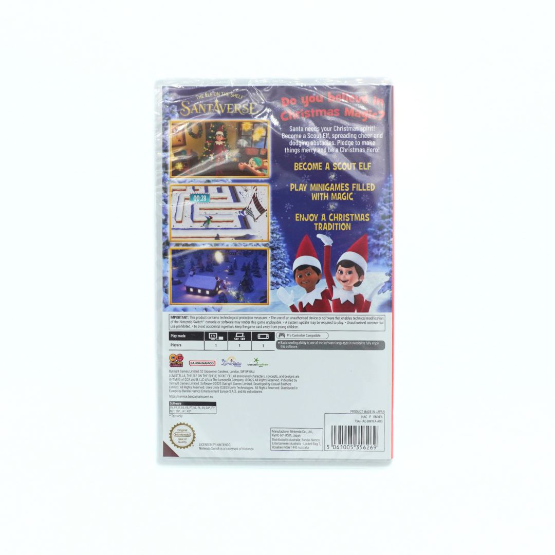 Back cover for the Switch game of Elf on the Shelf Christmas heroes with a blue snowy scene on a white background