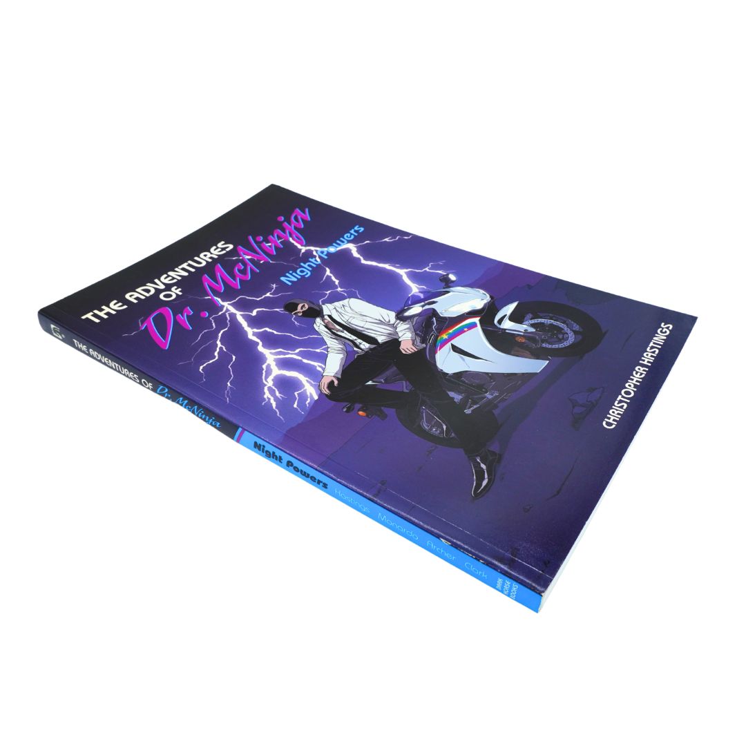 The Adventures of Dr. McNinja's Night Powers book by Christopher Hastings, featuring a dark cover with a motorcycle, lightning, and a figure in a white suit, shown on a white background.