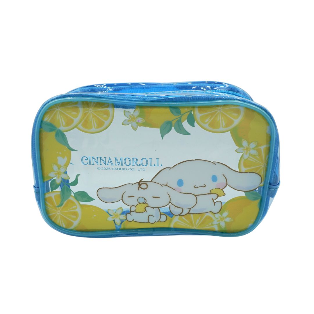 A blue and yellow lemon themed plastic pouch with Cinnamoroll, photographed against a white background