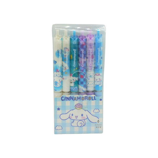 A set of six Cinnamoroll-themed gel pens in a clear plastic blister pack with a blue and white checkered box insert featuring the Cinnamoroll character.