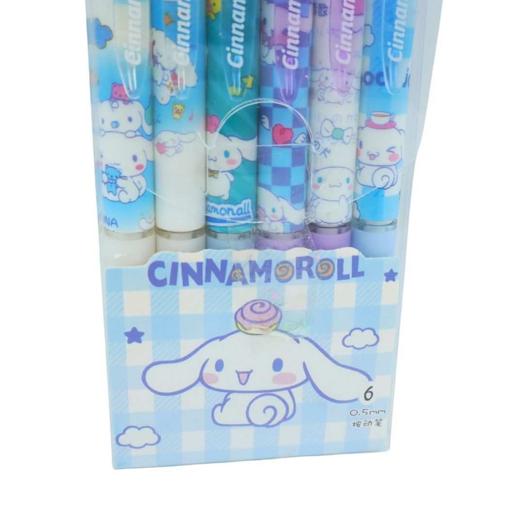 A 6-pack of Cinnamoroll-themed gel pens in a clear plastic packaging box with a blue and white checkered design and a cartoon Cinnamoroll illustration.