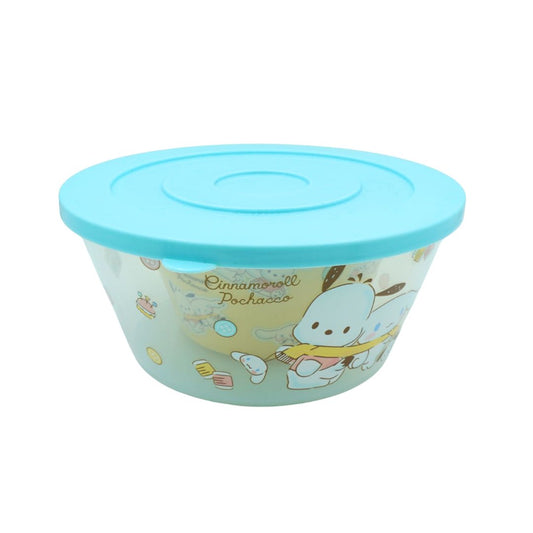 A round plastic storage container with a light blue lid and a pale green body decorated with Cinnamoroll and Pochacco illustrations.