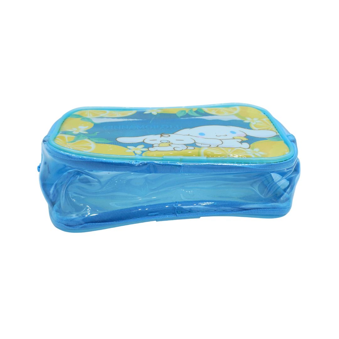 A blue and yellow lemon themed plastic pouch with Cinnamoroll, photographed against a white background