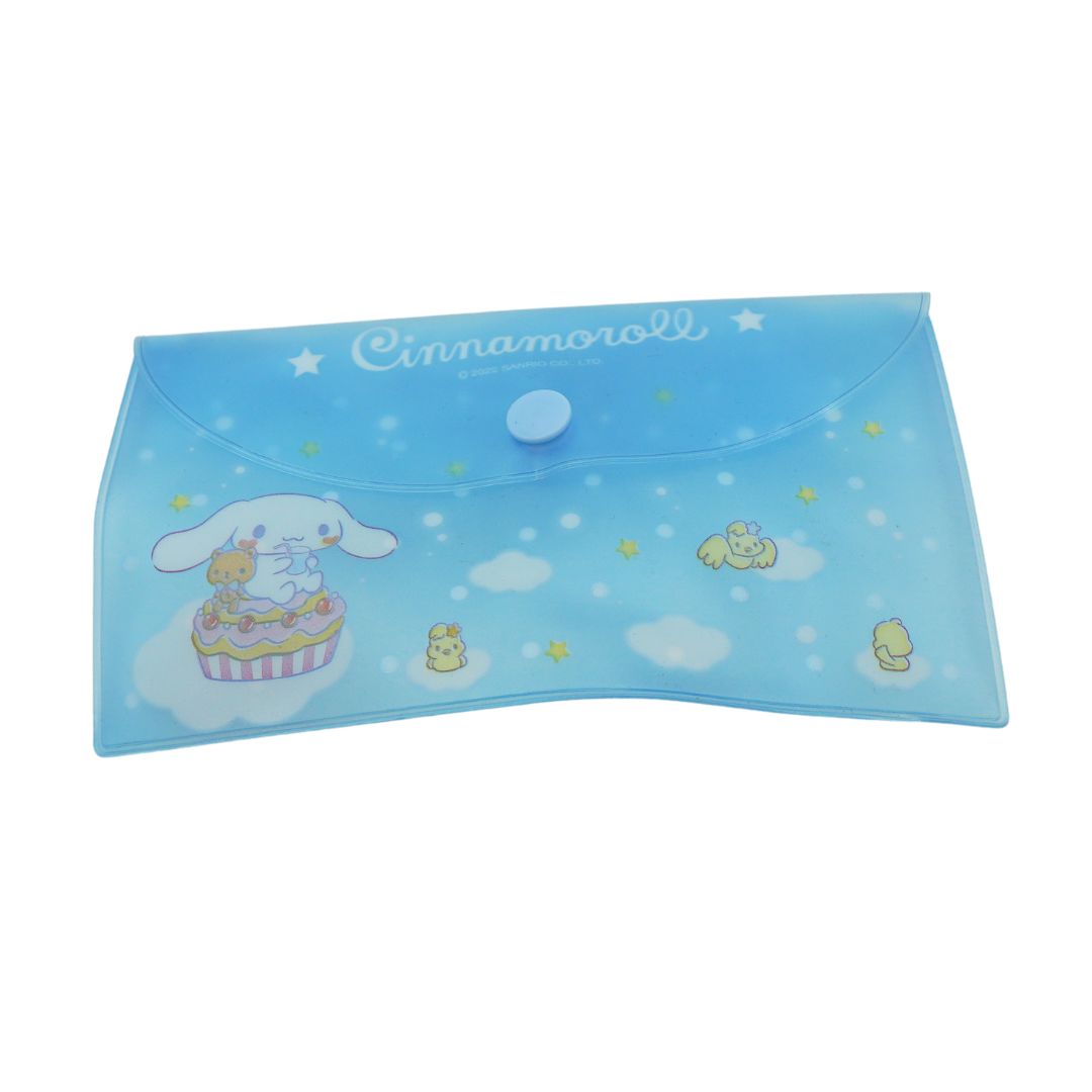 A blue pouch by Sanrio featuring Cinnamoroll and little yellow birds