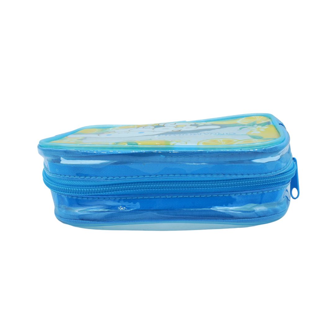 A blue and yellow lemon themed plastic pouch with Cinnamoroll, photographed against a white background