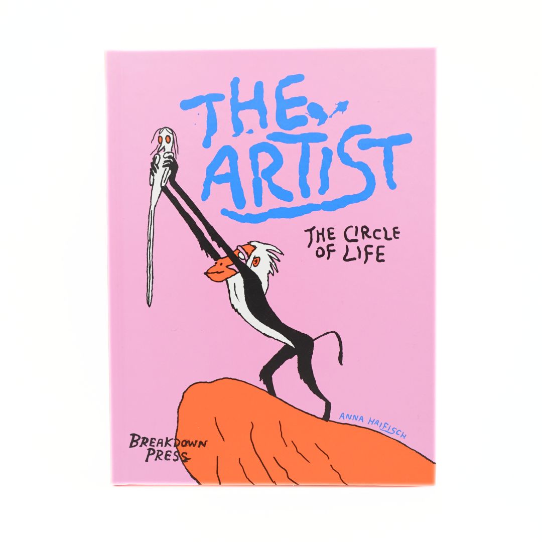 The Artist: The Circle of Life art print by Anna Hjellevik, published by Breakdown Press. The cover features a pink background with a whimsical illustration of a baboon holding a silver sword, standing on an orange rock.