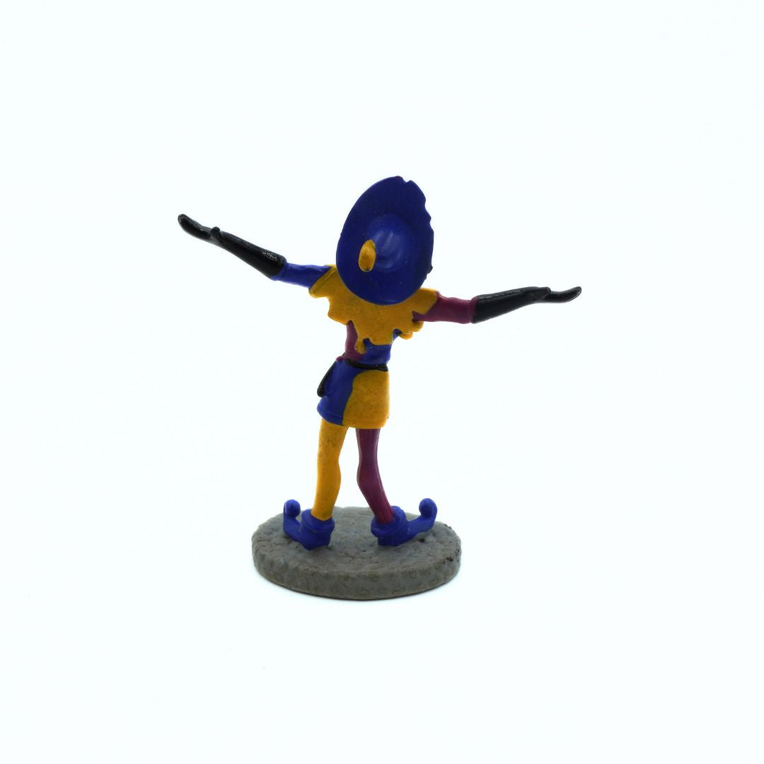 Colorful figurine with blue helmet and yellow outfit on a white background