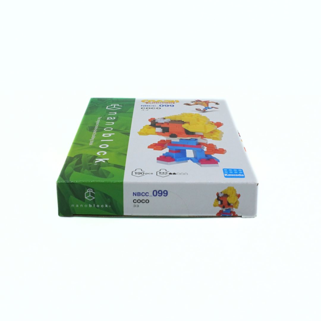 A boxed toy set from Nanoblocks, model NBCC 099 COCO, shown on a plain white background. The box is white with a green side panel and printed images of small building block figures.