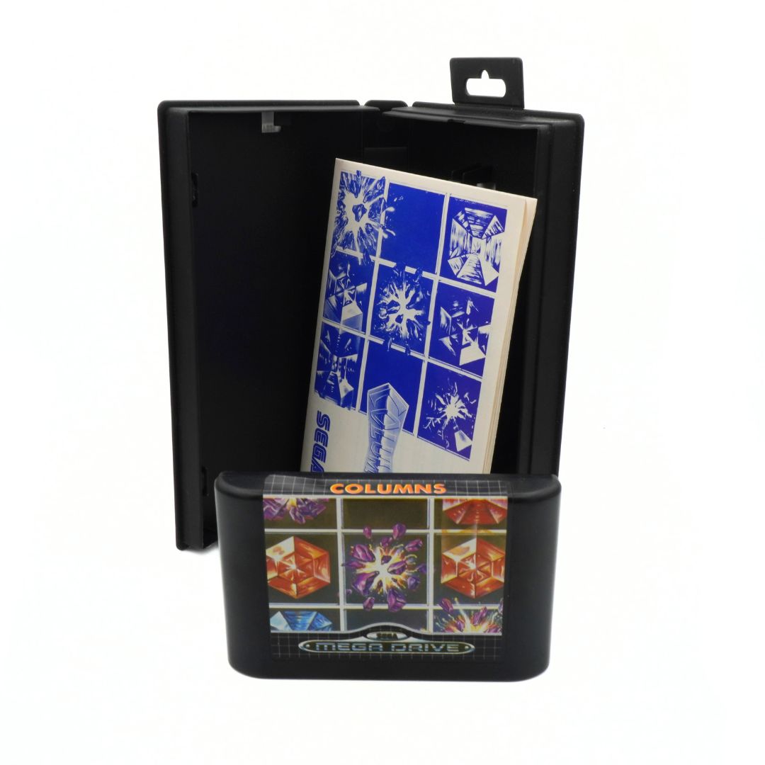 Black game cartridge with colorful graphics and text on a white background